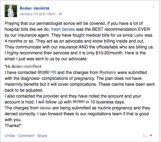 Facebook post about how a health advocate helped