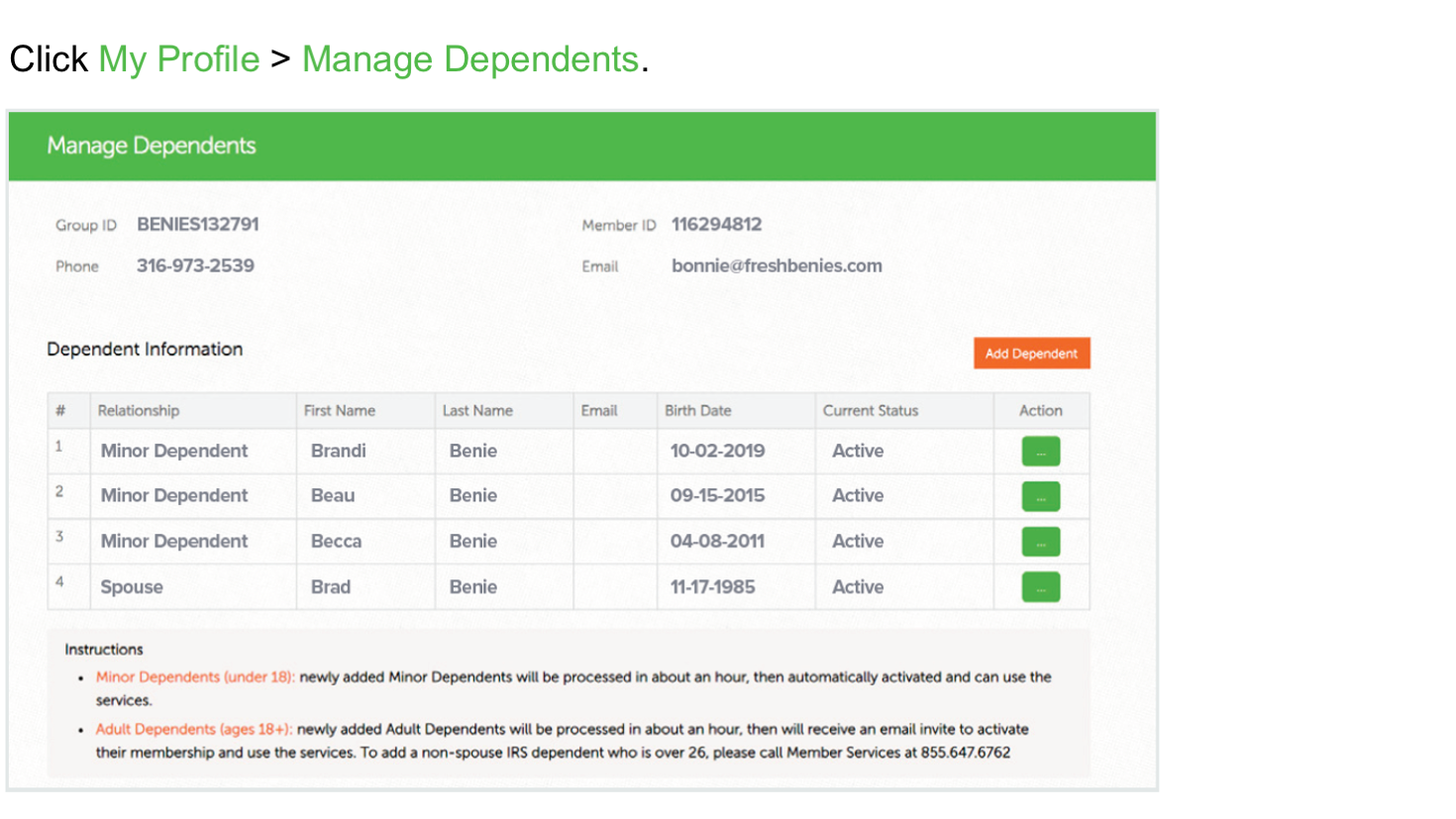 Manage dependents portal